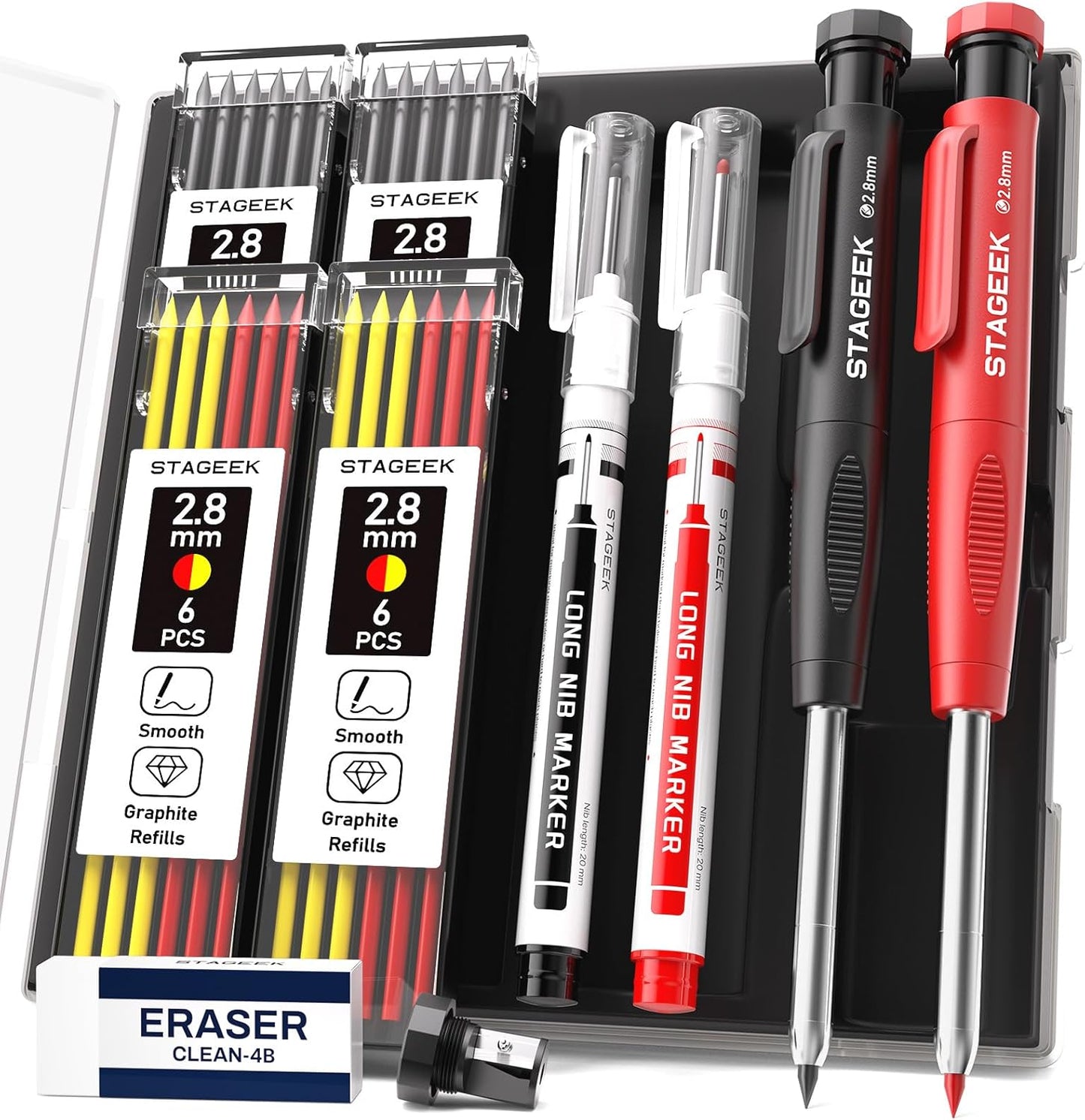 2PCS Carpenter Pencils with Sharpener, Heavy Duty Woodworking Tools, Mechanical Pencil Set with 26 Refills, Deep Hole Long Nib Marker Pens for Architect Marking with Case (Black, Red)