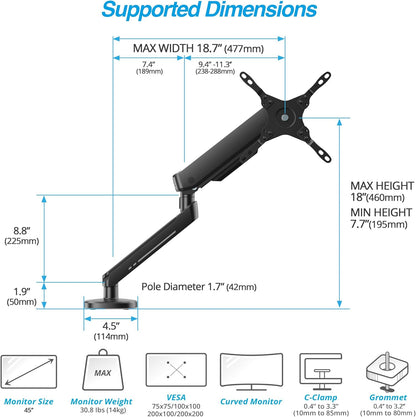 AVLT Single 27”-45” RGB Gaming Monitor Arm Desk Mount Built-in 20 Lighting Modes Touch Button Control Fits Flat/Curved/Ultrawide Screen Height Swivel Tilt Rotation Adjustable Stand -Black