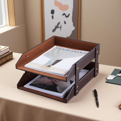 KINGFOM Letter Tray, Leather Paper Organizer Tray, Wooden Desk File Holder, Desktop File, Stackable Magazine Holder, Mail Sorter, Great for Home or Office - 2 Level Brown
