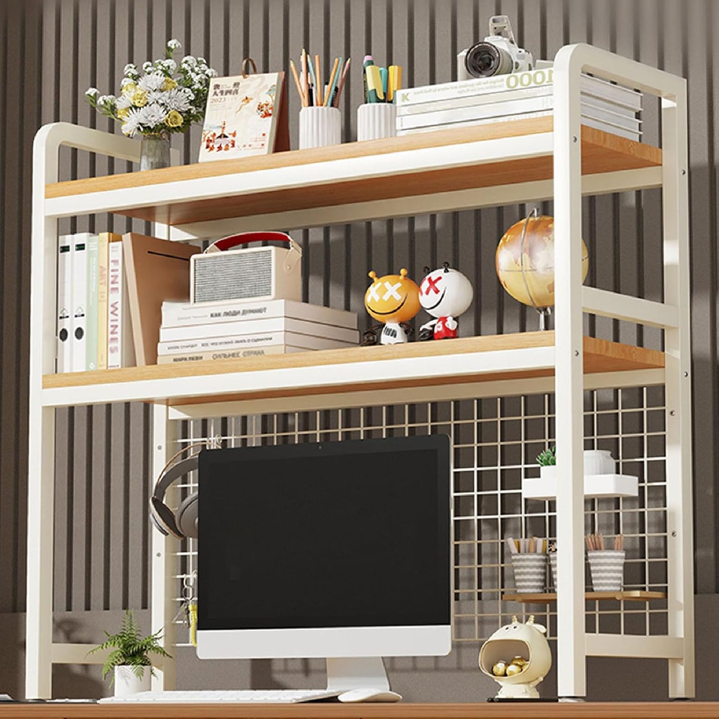 2-Tier Desktop Hutch Bookshelf Metal Desk Shelf Dorm Bookcase for Computer Desk Countertop Storage Organizer Display Rack for Office Home (White, 45.2in)