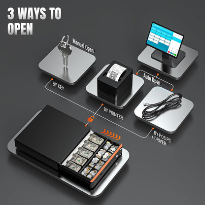 Tera 16 inch Auto Open Cash Drawer with Heavy Duty Insert Tray 5 Bill 8 Coin for POS System Removable Cash Tray Media Slot 24V RJ12 Key-Lock (Round Corner) for Small Business Retail 405R