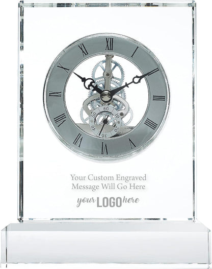Baudville Engraved Clock Trophy - Executive Crystal - Rectangular Shaped on a Rectangular Base - Silver Inset Time Piece (Rectangle Silver Custom Logo)
