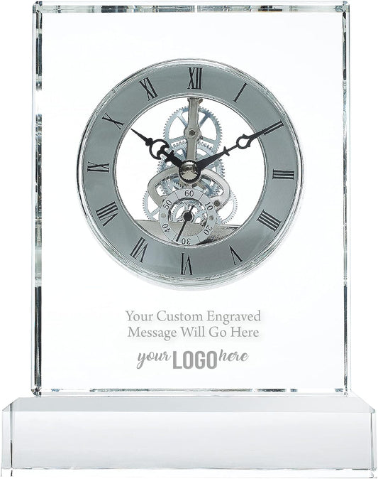 Baudville Engraved Clock Trophy - Executive Crystal - Rectangular Shaped on a Rectangular Base - Silver Inset Time Piece (Rectangle Silver Custom Logo)
