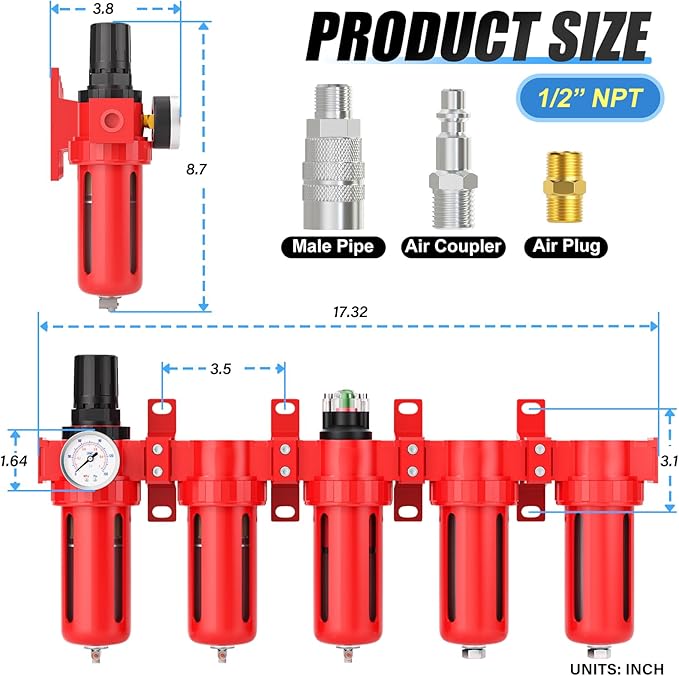 1/2" NPT Industrial Grade 5 Stage Aluminum Air Drying System,Double Coalescing Filter,Particulate Filter,Double Desiccant Dryer and Air Regulator,Manual Drain For Plasma Cutter and Paint Spray