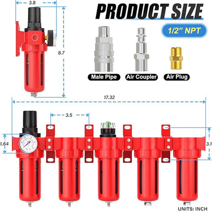 1/2" NPT Industrial Grade 5 Stage Aluminum Air Drying System,Double Coalescing Filter,Particulate Filter,Double Desiccant Dryer and Air Regulator,Manual Drain For Plasma Cutter and Paint Spray