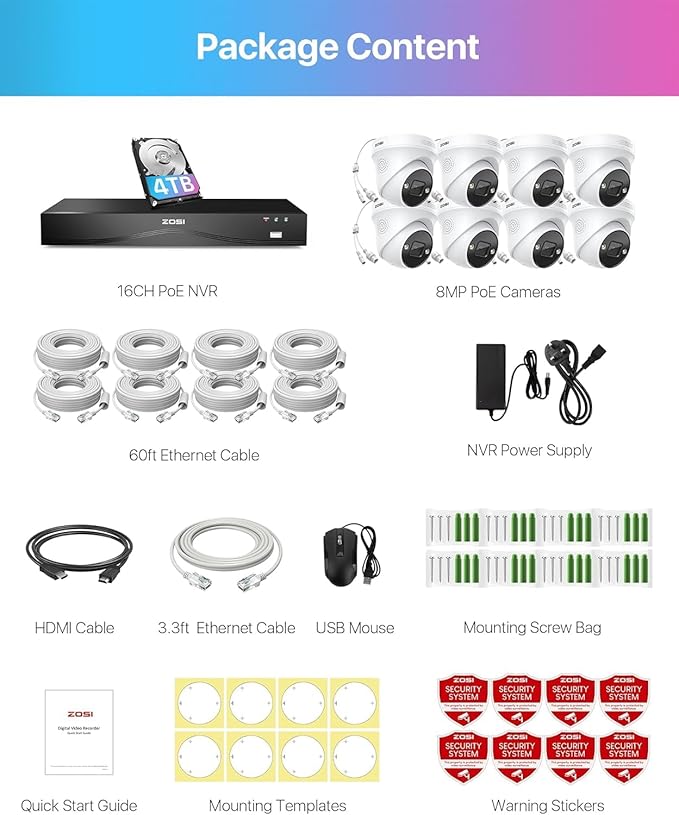 ZOSI 32CH 4K PoE Security Camera System,8pcs 8MP Outdoor Indoor PoE IP Cameras,Person Vehicle Detection,2 Way Audio,Spotlight Color Night Vision,16 Port 32 Channel NVR with 4TB HDD for 24/7 Recording
