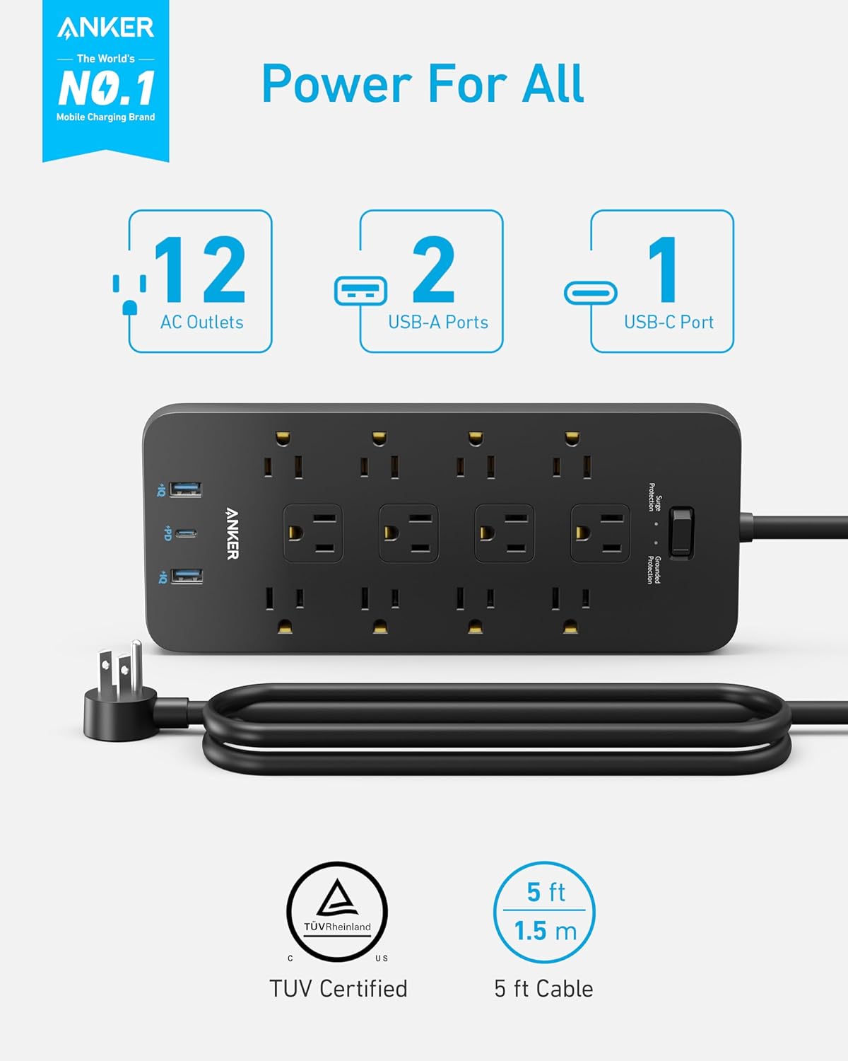 Surge Protector Power Strip (2100J), Anker 12 Outlets with 1 USB C and 2 USB Ports foriPhone 15/15 Plus/15 Pro/15 Pro Max, 5ft Extension Cord, Flat Plug, 20W USB C Charging for Home, Office,TUV Listed