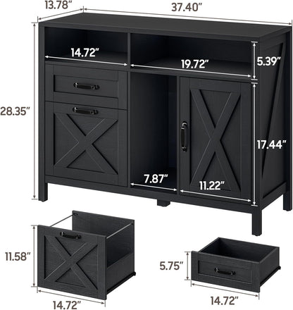 Lateral File Cabinet with 2 Drawers and Door, Farmhouse File Cabinet for A4/Letter Size Hanging Files, Large Wood File Storage Cabinets Printer Stand with Open Space for Home Office Furniture, Black