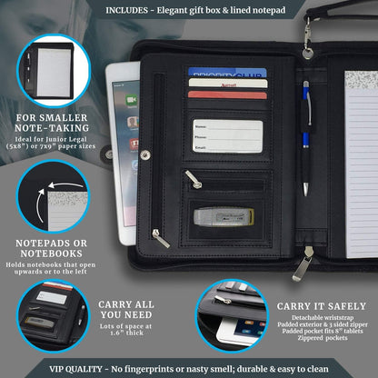 Customized Black Zippered Portfolio Binder with Junior Legal 5x8 Notepad - Engraved PU Leather Business Padfolio Organizer Folder with 8" Tablet Sleeve & Gift Box by Lautus Designs