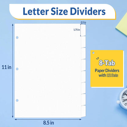 SUNEE Binder Dividers with Tabs for 3 Ring Binder, 8.5 x 11 Paper White Binder Dividers Blank with 8 Tabs, 12 Sets Page Dividers for School, Office and Home, 96 Dividers