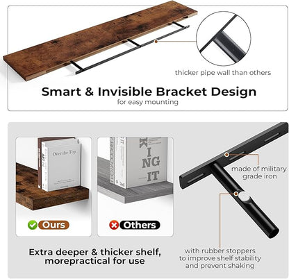 Fun Memories 66 Inch Fireplace Mantel Shelf with Invisible Bracket, 8 Inch Deep Floating Shelf for Living Room, Kitchen, Farmhouse, Brown (2-Pack)