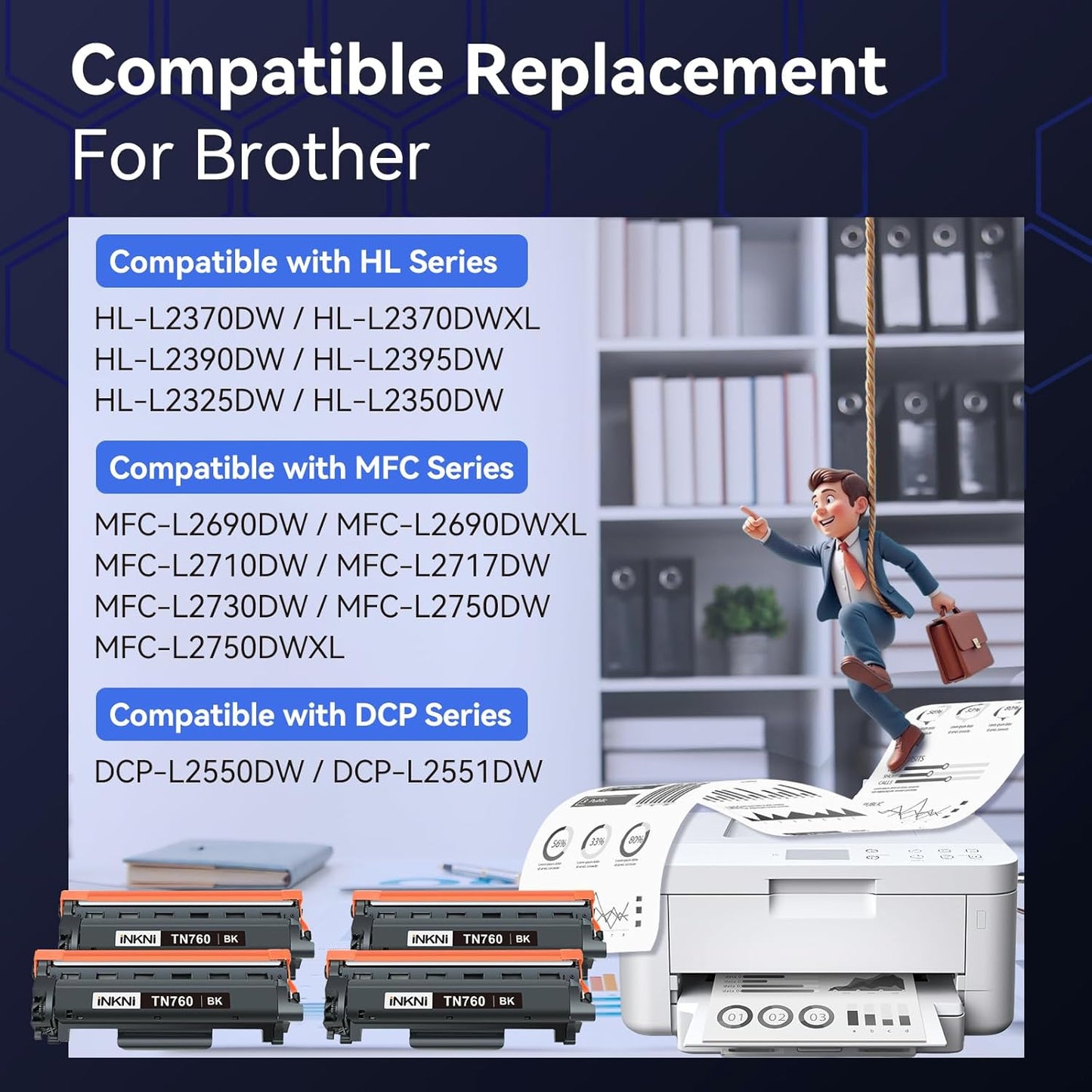InkNI TN760 - Compatible Toner Cartridge Replacement for Brother TN-730/TN-760 730 TN-760 for MFC-L2710DW MFC-L2750DW DCP-L2550DW HL-L2350DW HL-L2395DW HL-L2370DW (4 Pack)