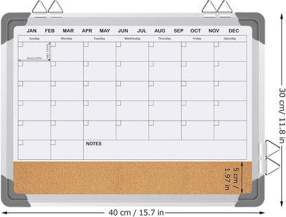 EAONE 16x12 in Double Side Whiteboard Calendar & Cork Board Combo for Wall, 3 in 1 Magnetic Dry Erase Whiteboard Monthly Calendar and Bulletin Board with Aluminum Frame for Home Office Kitchen