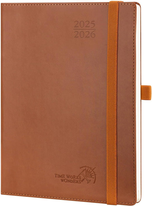 POPRUN Planner 2025-2026 (Medium - 6.5'' x 8.5'') Academic Weekly Calendar (July 2025 - June 2026) with Hourly Time Slots, Monthly Tabs, 100GSM Thick Papers, Leather Soft Cover - Brown