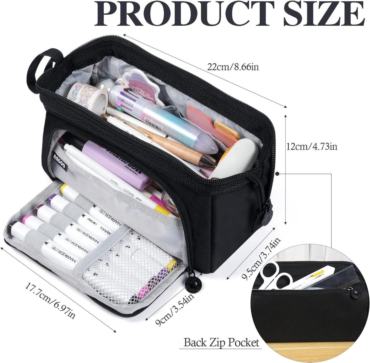 Pencil Case Pouch Large Capacity with Compartments, Pencil Case Pouch Bag with Zipper Handle for Teen Girls Boys Adults Women Men, Portable Pen Bag Stationery Organizer for Office School Travel, Black