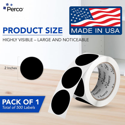 Perco Black 2-Inch Round Circle Dot Sticker Labels with Easy Peel Perforation - 500 Labels per Roll - Strong Adhesion, Vibrant Colors for Organizing, Crafting & More - Made in USA