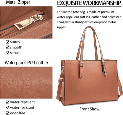 Laptop Bag for Women Waterproof Lightweight Leather 15.6 Inch Computer Tote Bag Business Office Briefcase Large Capacity Handbag Shoulder Bag Professional Office Work Bag Brown