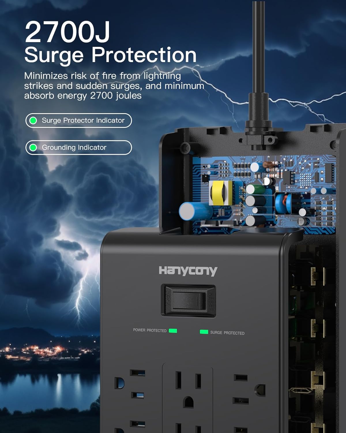 Extension Cord 15 Ft, HANYCONY Power Strip with 16 Oultets 4 USB Ports(2 USB C), 2700 Joules Heay Duty Surge Protector, Flat Plug, Wall Mount for Home Office, ETL Listed, Black