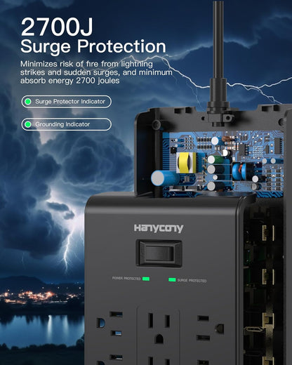 Extension Cord 15 Ft, HANYCONY Power Strip with 16 Oultets 4 USB Ports(2 USB C), 2700 Joules Heay Duty Surge Protector, Flat Plug, Wall Mount for Home Office, ETL Listed, Black