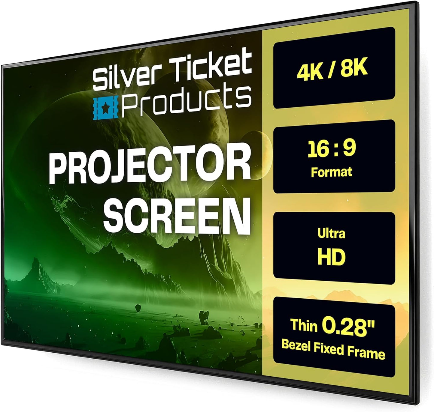 Silver Ticket Products S7 Series 6 Piece Thin Bezel Home Theater Fixed Frame 4K/8K Ultra HD, HDTV, HDR & Active 3D Projection Screen, 16:9 Format, 106" Diagonal, White Material S7-169106