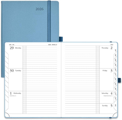 POPRUN 2026 Weekly Planner (Medium 6.75" x 8.75") 12 Months Calendar Notebook with Horizontal Layout, Leather Hardcover, Inner Pocket, 100GSM Thick Paper, Pen Holder - Aquamarine