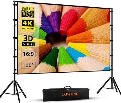 TOWOND Projector Screen and Stand, 100 inch Projection Screen Outdoor Indoor, Portable 16:9 4K HD Rear Front Movie Screen with Carry Bag Wrinkle-Free Design for Home Theater Backyard Cinema