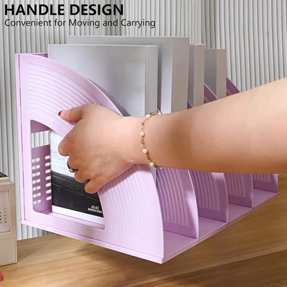 SAYEEC Magazine File Holder Folder Storage Desktop 4 Compartment Standing Hollow Purple Files Bookshelf Organizer Box Office Racks Displays Holds Notebooks Documents for School Working Students