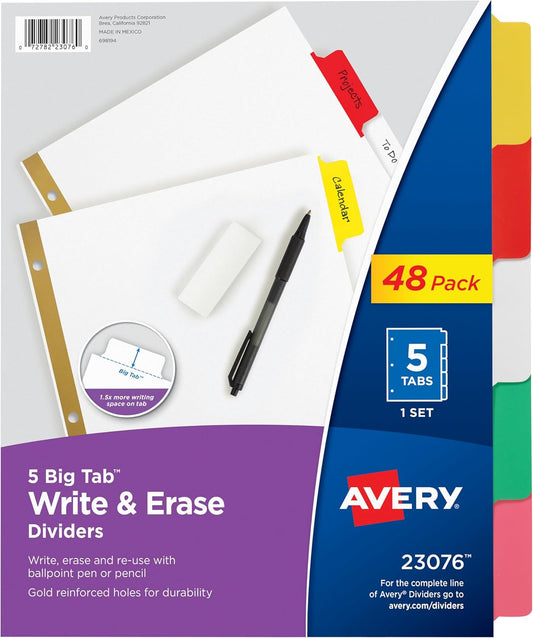 Avery Big Tab Write & Erase Dividers for 3 Ring Binders, 5-Tab Sets, Multicolor Divider Tabs, Great for Organizing Projects, Reports, Finances, and More (48-Pack of 23076)