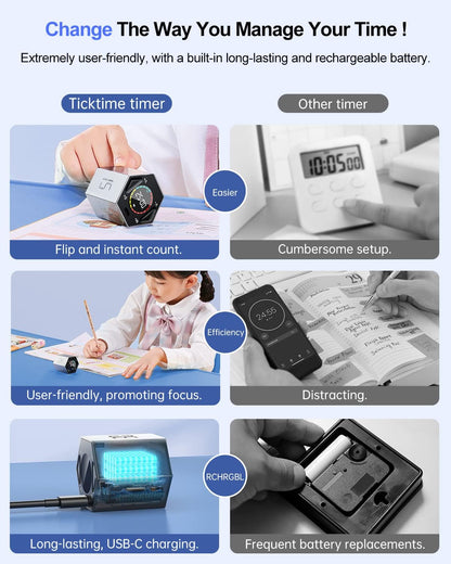 Ticktime Pomodoro Timer Cube, Hexagon Productivity Timer, Pause & Resume, Silent & Adjustable Sound Alert, for ADHD, Task, Work, Study, 3/5/10/15/25/30min & Custom Countdown - Gray