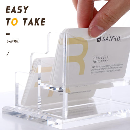 SANRUI Clear Horizontal Business Card Holder Stand for Desk, Acrylic Desktop Display Name Cards Holders Organizer Storage Rack,for Exhibition, Home , Office ,2 Tier 2 Pocket , 120 Card Capacity