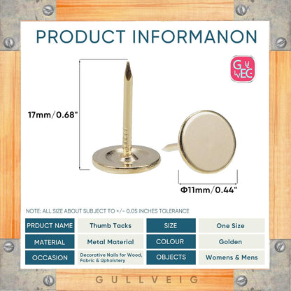 Gullveig Golden Push Pins and Thumb Tacks: Heavy Duty Flat Upholstery, Long Carpet Tacks, and Decorative Nails for Wood and Fabric, 50 Count