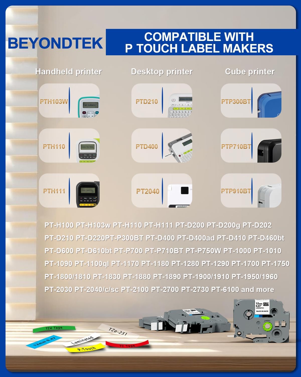 PTD210 Tape TZe131 TZe231 TZe431 TZe531 TZe631 TZe731 P Touch Label Tape 12mm 0.47 Laminated Tape Compatible P-Touch PTH110 PTH100 PTD210 PTD200 PTD400AD PTD600 Label Maker (6 Pack Combo Set)