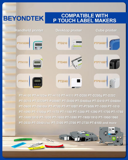 PTD210 Tape TZe131 TZe231 TZe431 TZe531 TZe631 TZe731 P Touch Label Tape 12mm 0.47 Laminated Tape Compatible P-Touch PTH110 PTH100 PTD210 PTD200 PTD400AD PTD600 Label Maker (6 Pack Combo Set)