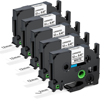 Label Maker Tape, Compatible with Brother P Touch Label Tape, TZe-231 12mm 0.47 Black Ink on White Tze Tz Laminated White Replace for Brother Ptouch PT-D210 PTH110 PTD220 PTD410, 5 pk