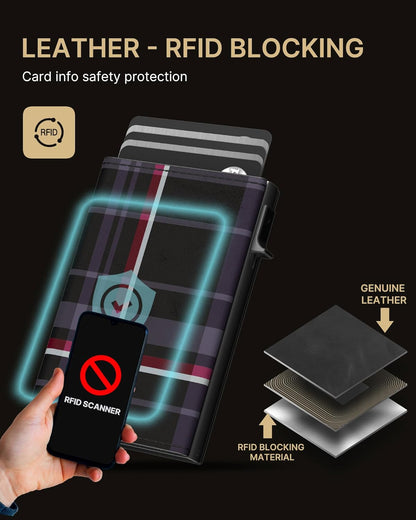 typecase Mens Wallet Card Holder: Pop Up Aluminum Case, Carbon Fiber Leather, Smart, RFID Blocking, Slim, Minimalist, Front Pocket - 9-14 Card Capacity | ID Window | Cash Slot (Plaid)