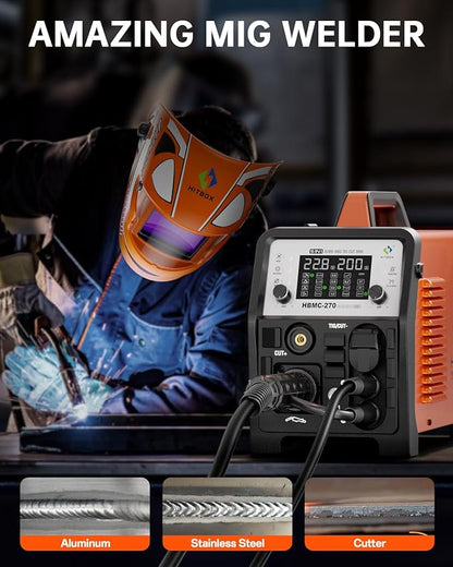 HITBOX Plasma Cutter Welder Combo, Synergy MIG Welder 200A, 220V [6 in 1] Gasless/Gas MIG/HF TIG/Plasma Cutter 40A/Stick/Spot, 2T/4T Aluminum Multi Process Welder Machine (HBMC270)