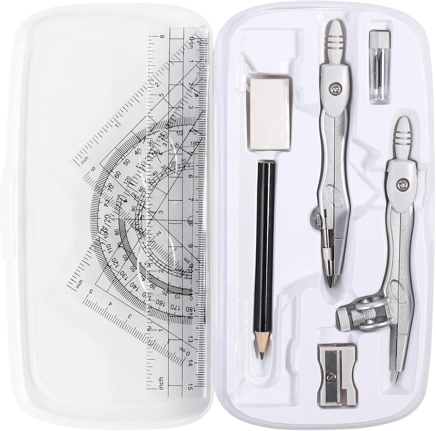Math Geometry Kit Sets 10 Piece Student Supplies with Shatterproof Storage Box,Includes Rulers,Protractor,Compass,Eraser,Pencil Sharpener,Lead Refills,Pencil,for Drafting（White）