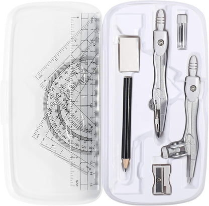 Math Geometry Kit Sets 10 Piece Student Supplies with Shatterproof Storage Box,Includes Rulers,Protractor,Compass,Eraser,Pencil Sharpener,Lead Refills,Pencil,for Drafting（White）