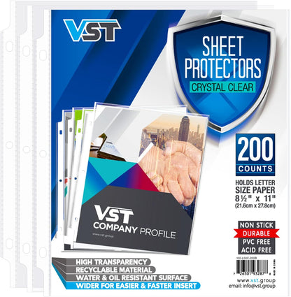 VST Sheet Protectors 8.5 x 11 Inch for 3 Ring Binder, Crystal Clear Page Protectors, Medium Weight Plastic Sleeves, Top Loading Paper Protector Acid Free, Letter Size, Dry Erase Pocket, 200 Sheets