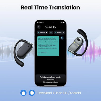 AI Translation Earbuds Real Time 164 Languages 80H Playtime Translator Ear Buds Audifonos Traductores Inglés Español Wireless Translating Earbuds Bluetooth Headphones for Travel Meeting Learning Black