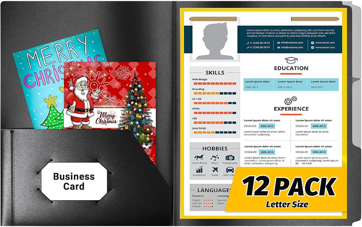 Fastener File Folder,Plastic Folders with Pockets,Reinforced Heavy Duty Pocket Folder with Brad,Manila,1/3 Cut Tabs,Letter Size,12 Pack,Black