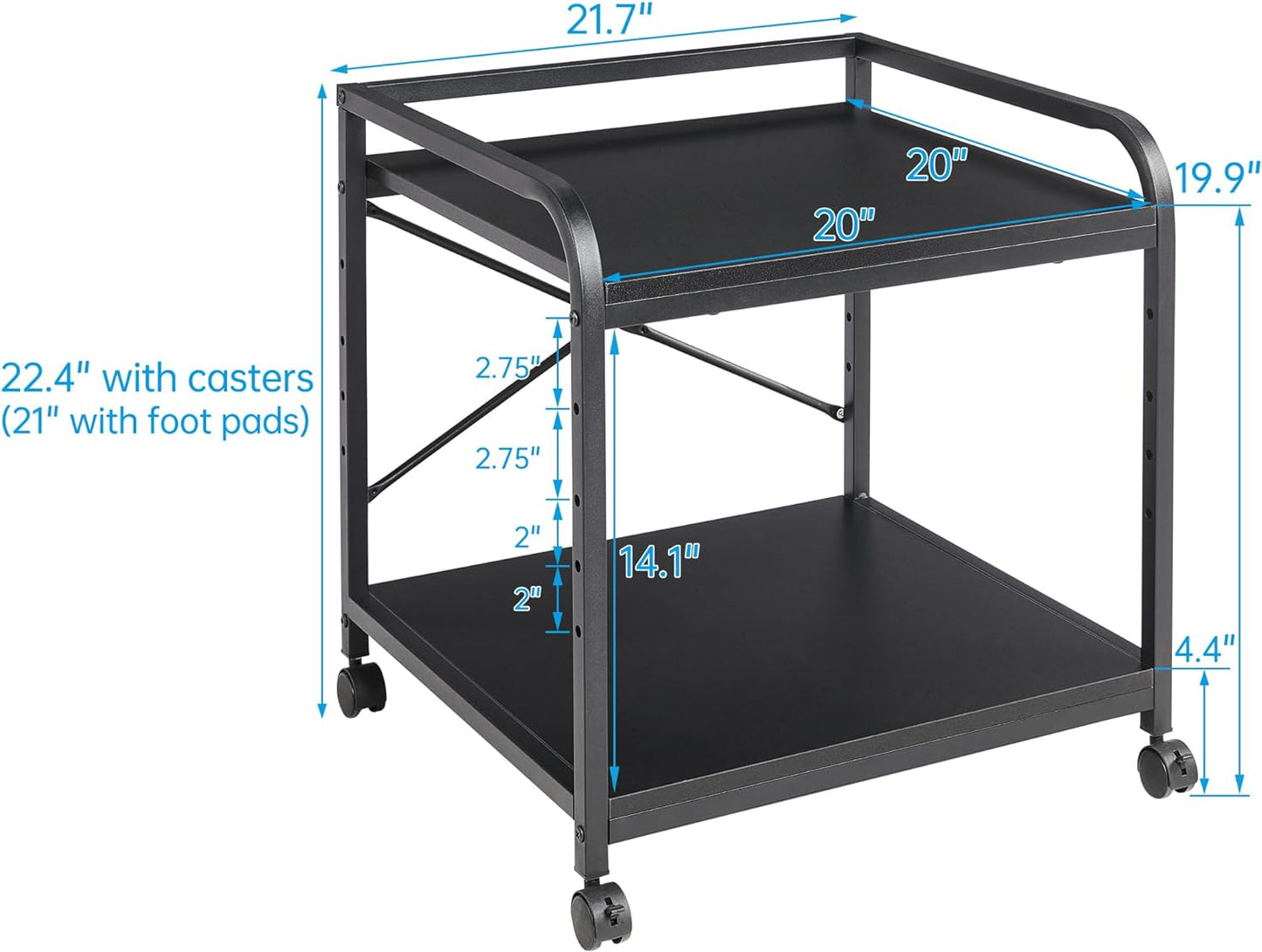 2 Tier Under Desk Printer Stand with Storage, 20 Inches Deep Large Printer Table with Height Adjustable Shelf, Rolling Printer Cart with Wheels for Home Office - Black
