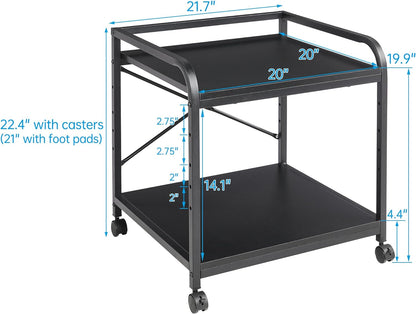 2 Tier Under Desk Printer Stand with Storage, 20 Inches Deep Large Printer Table with Height Adjustable Shelf, Rolling Printer Cart with Wheels for Home Office - Black