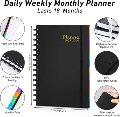 Daily Planner 2025-2026, July 2025 - December 2026, Yearly Monthly Weekly Daily Academic Calendar Planner, 18 Month with Tabs, Time Management Manual, 100GSM Thick Paper, A5 Size, Black
