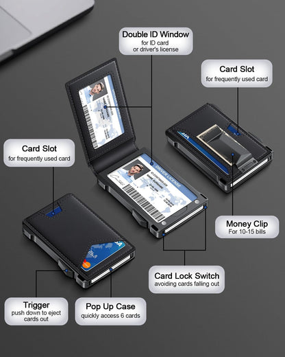 Wallet for Men RFID Wallet with 2 ID Windows & Money Clip, Slim Pop Up Card Holder for 10-12 Cards, Bifold Minimalist Smart Wallet for Front Pocket, Compact Metal Credit Card Holder, Gifts for Men