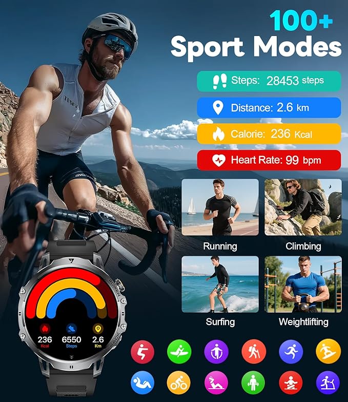 LIGE Smart Watches for Men with 50+Days Standby(1000mAh)/1.85" HD AMOLED Large Screen/Flashlight/50M Waterproof,100+ Sports Fitness Tracker Watch,Pedometer Mens Military Smart Watch for Android iPhone