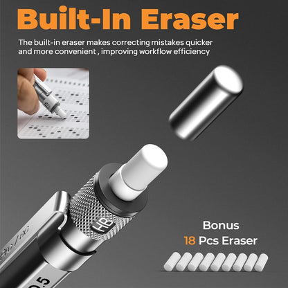 Nicpro 4 Pack Blocky Gear 0.3, 0.5, 0.7, 0.9 mm Metal Mechanical Pencils Set with Case, Lead Drafting Pencil with 8 Tube Lead Refills(HB 2B), Erasers, Eraser Refills for Art Writing Sketching Drawing