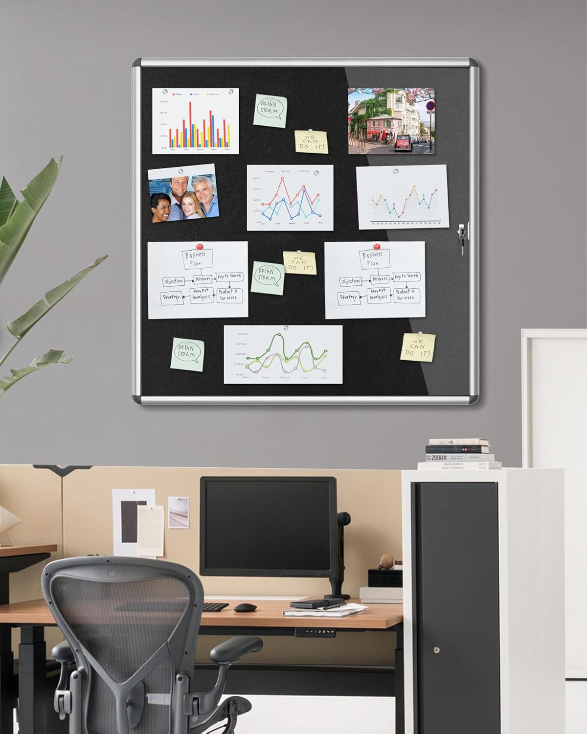 38"x38" Enclosed Bulletin Board, Lockable Weather-Resistant Aluminum Cork Noticeboard for School & Office, Silver Frame w/Black Flet