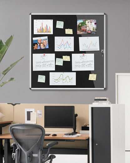 38"x38" Enclosed Bulletin Board, Lockable Weather-Resistant Aluminum Cork Noticeboard for School & Office, Silver Frame w/Black Flet