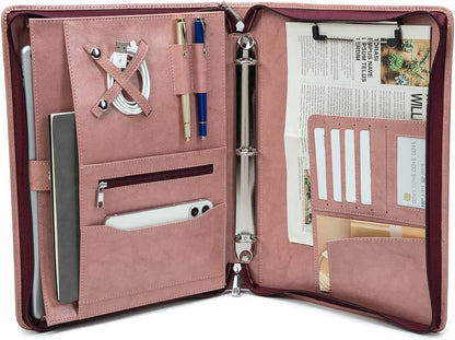 Vegan Leather Portfolio 3 Ring Binder with Clipboard, Hidden Handle, 8.5 x 11 Zippered Padfolio, Business Organizer Professional Executive Folio for Women, Pink